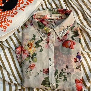 Forever 21 Floral Print Studded Collar Button Up Blouse